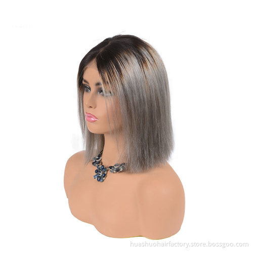 Cheap 100 Remy Real Human Hair Two Tone Color Short Grey Hair Lace Front Wig For Black Women